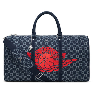 AIR JORDAN MONOGRAM JACQUARD DENIM DUFFLE BAG "DK INDIGO RINSE/BLACK" MM9260-BHD