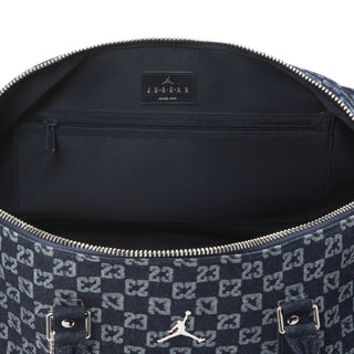 AIR JORDAN MONOGRAM JACQUARD DENIM DUFFLE BAG "DK INDIGO RINSE/BLACK" MM9260-BHD