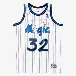 MITCHELL & NESS SHAQUILLE O'NEAL ORLANDO MAGIC 1993-94 WHITE PIN STRIPE SWINGMAN JERSEY