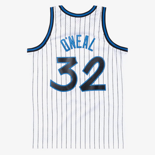 MITCHELL & NESS SHAQUILLE O'NEAL ORLANDO MAGIC 1993-94 WHITE PIN STRIPE SWINGMAN JERSEY